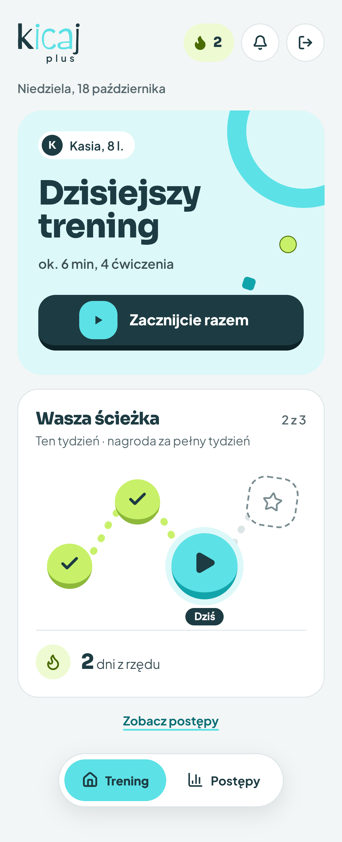 Ekran główny z dzisiejszym treningiem i ścieżką tygodnia w aplikacji Kicaj Plus